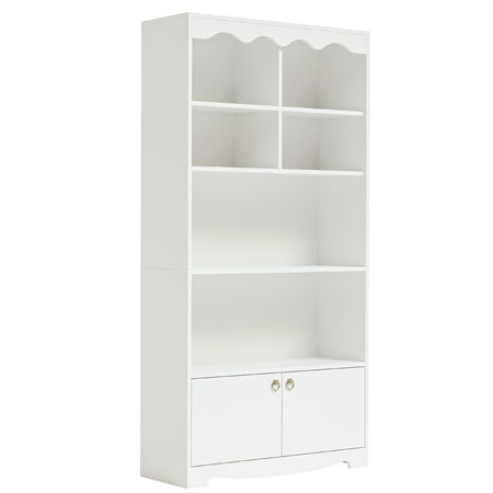 Modern 5-Tier White Bookshelf with Doors - 63 Inch Tall Wood Bookcase - Semi-Open Storage Cabinet for Office Living Room Bedroom Library - Color: White
