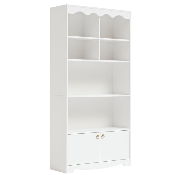 Modern 5-Tier White Bookshelf with Doors - 63 Inch Tall Wood Bookcase - Semi-Open Storage Cabinet for Office, Living Room, Bedroom, Library - Color: White