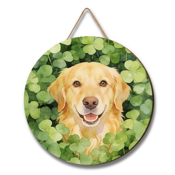 Happy Golden Retriever Welcome St Patrick's Day Lucky Shamrocks Clover Round Wood Sign Goldens Dog Lover Gifts Idea Hanging Wall Home Decor - 22001
