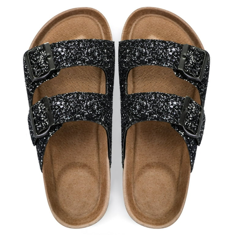Pennysue Women's Cork Footbed Slide Sandals Black Glitter