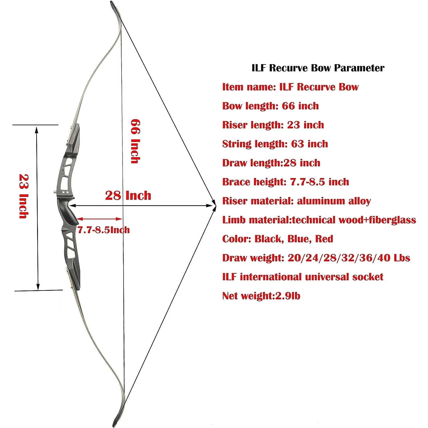 66 inch ILF Recurve Bow Aluminum Takedown Riser Draw Weight 20 -40 Lbs Right Hand Longbow Shooting Archery Kit for Outdoor Target Hunting Practice F167 （black-24lbs）