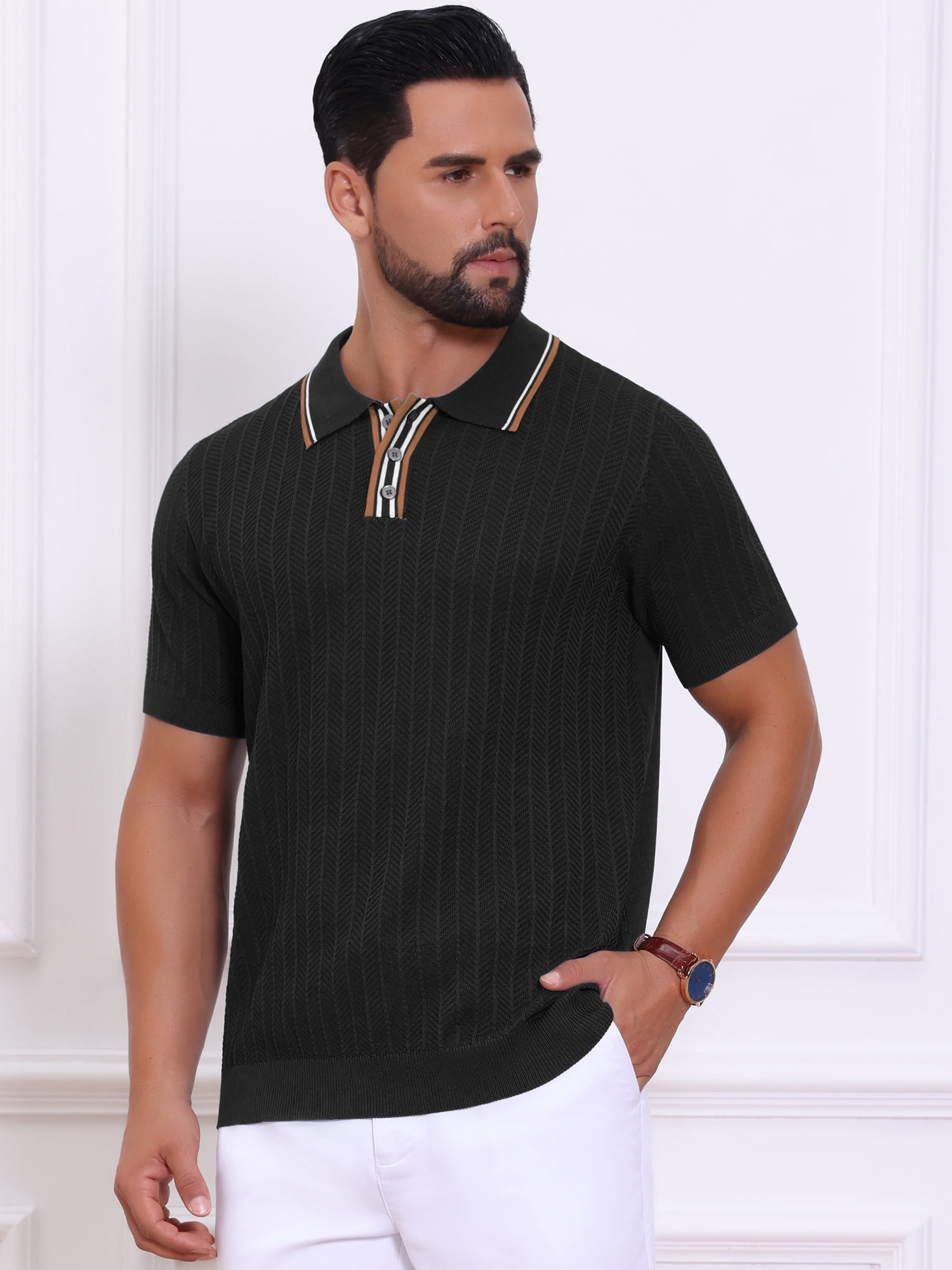DARING DIVA Men's Knitted Ribbed Hem Short Sleeve Textured Golf Shirts XL Black