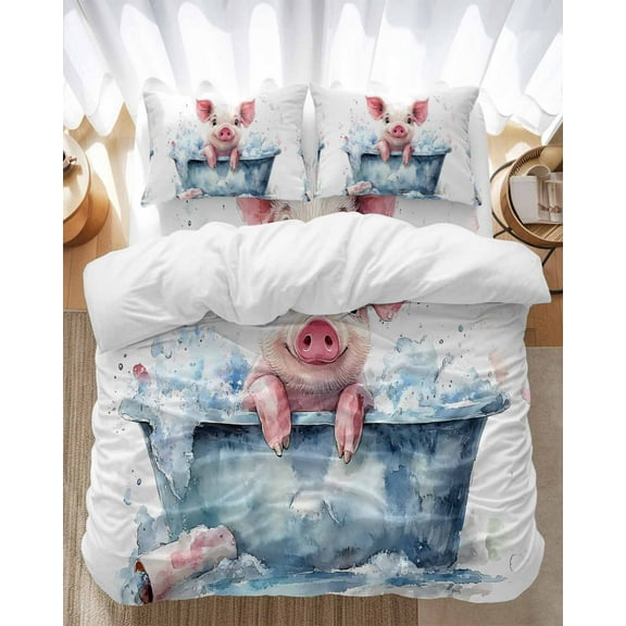 Pig Taking Bedding Duvet Cover Set Queen Size 4 Pieces A Bath Soft Twill Plush Quilt Cover, Include 1 Duvet Cover 1 Flat Sheet And 2 Pillow