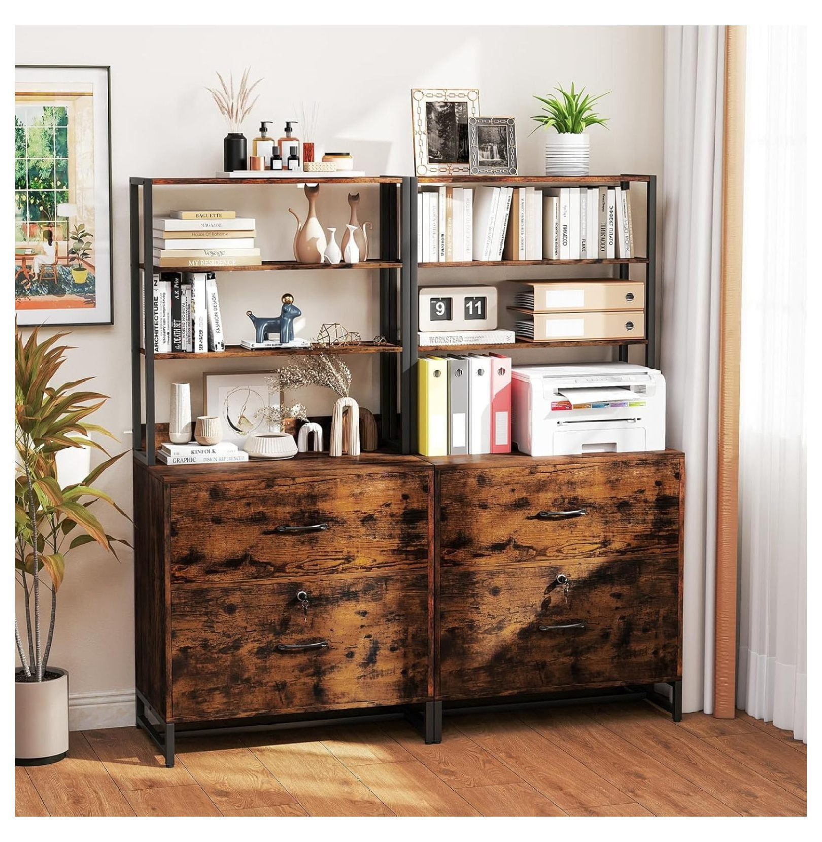 File Cabinet, 2 Drawer File Cabinet with Open Shelves & Anti-toppling Device, Industrial Lateral File Cabinet with Lock for Letter Size File Folders, Rustic Large Printer Stand, Rustic Brown