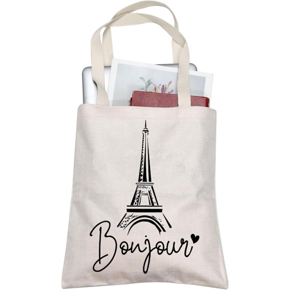 TOBGBE Paris Bonjour Idea Gift The Eiffel Tower Bonjour Europe Travel Tote Bag Gift For Paris Lover France Souvenir Gifts (Bonjour Tote CA)