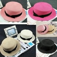 thumbnail image 2 of ENJOYW Summer Boater Ribbon Bowknot Solid Color Round Flat Straw Sun Cap Women HatStraw, Ribbon, 2 of 7