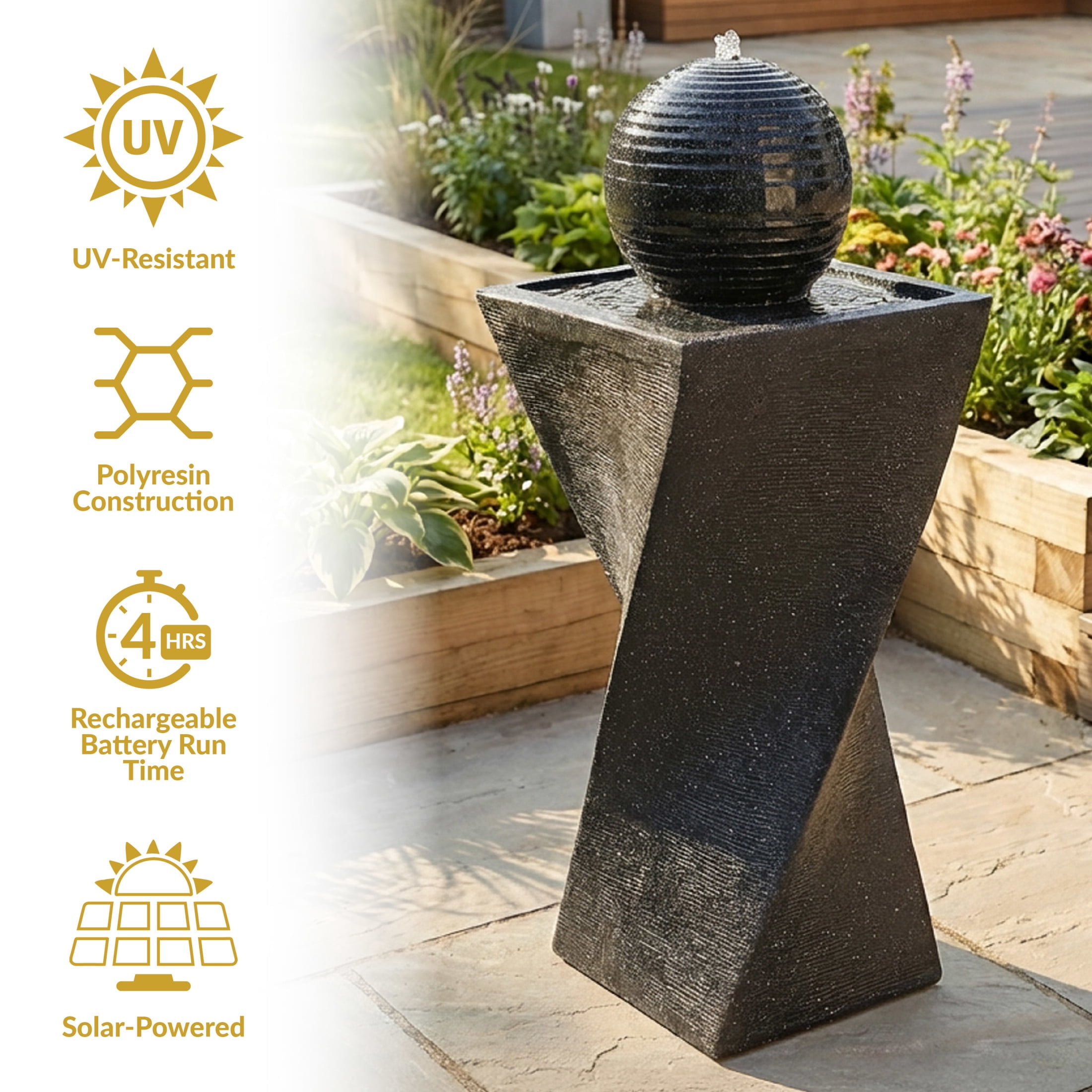 Sunnydaze Ball Modern Black Polyresin Outdoor Solar Fountain with Battery and LED Light