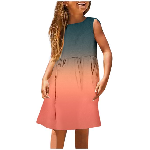 Robes Décontractées pour Bébés Filles Été Dégradé Imprimé Col Rond Sans Manches Ligne A Extensible Décontracté Plage Extérieur Vêtements de Sport, Orange, 18-24 Mois