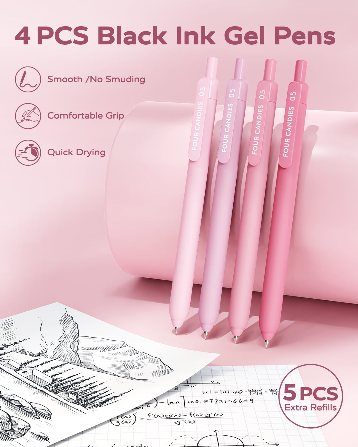 Four Candies Aesthetic Supplies Pink, 4 Gel Pens Black Ink