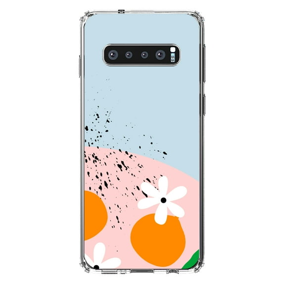 DistinctInk Clear Shockproof Hybrid Case for Samsung Galaxy S10 (6.1" Screen) - TPU Bumper, Acrylic Back, Tempered Glass Screen Protector - Summer Vibes Bold Flower Pink White Orange