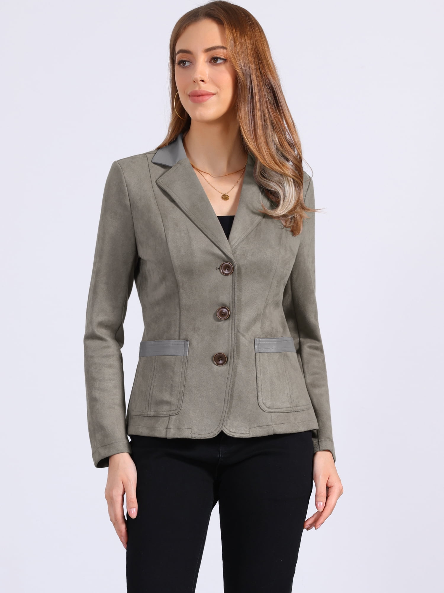 DARING DIVA Women's Faux Suede Lapel Collar Button Down Long Sleeve Blazer S Grey