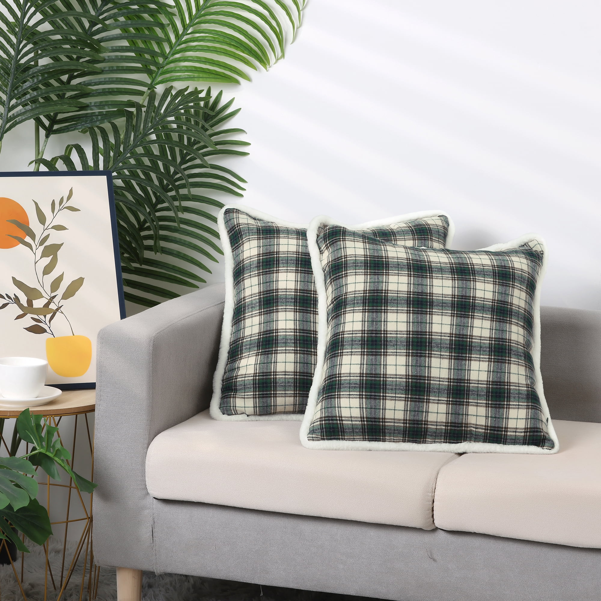 Unique Bargains 2 Pack Plaid Pillow Covers Double-Sided Checked Decorative Pillow Covers Light Green 18" x 18"