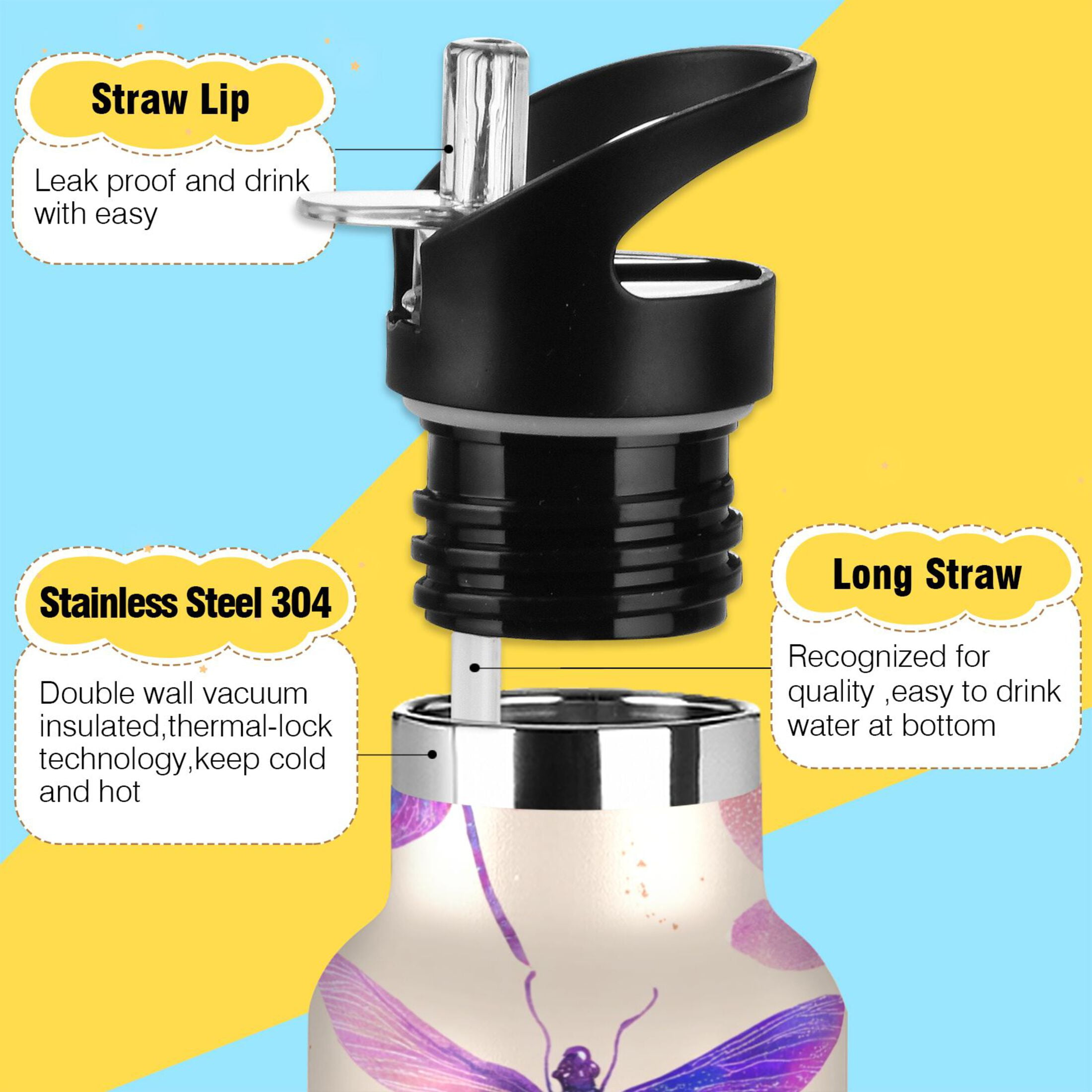 600ML Stainless Steel Insulated Cup Sports Water Bottle Portable Thermos Cup Water Glasses Insulated Tumblers Convenient and Durable Beautiful Purple Dragonfly