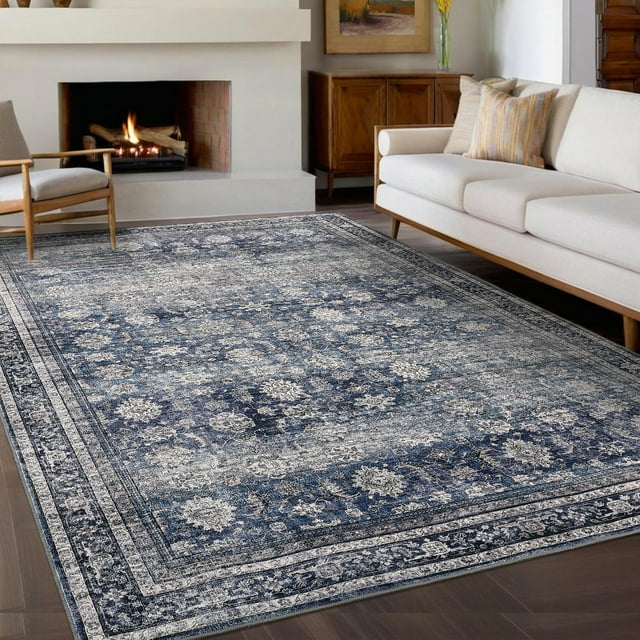 Hasoo Washable Rug 9' x 12' Rugs for Living Room Vintage Floral Farmhouse Indoor Non Slip Large Carpet for Bedroom, Blue