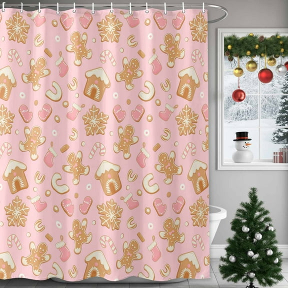 Christmas Shower Curtains for Bathroom, Pink Gingerbread Man Cookie House Candy Cane Snow Waterproof Fabric Shower Curtain for Bathroom Bathtub Decoration, Machine Washable, 72"x84"