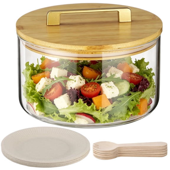 Clear Glass Salad Bowl with 20 Disposable Paper Plates, 20 Wooden Spoons, Glass Cake Baking Dish with Airtight Lid, Container for Popcorn, Cake, Salad, Fruit, Baking, Dessert and Party