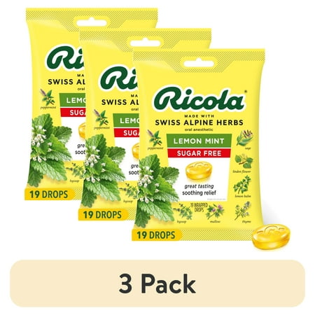 (3 pack) Ricola® Sugar Free Lemon Mint Throat Drops | Refreshing Throat Relief & Oral Anesthetic, 19 Count