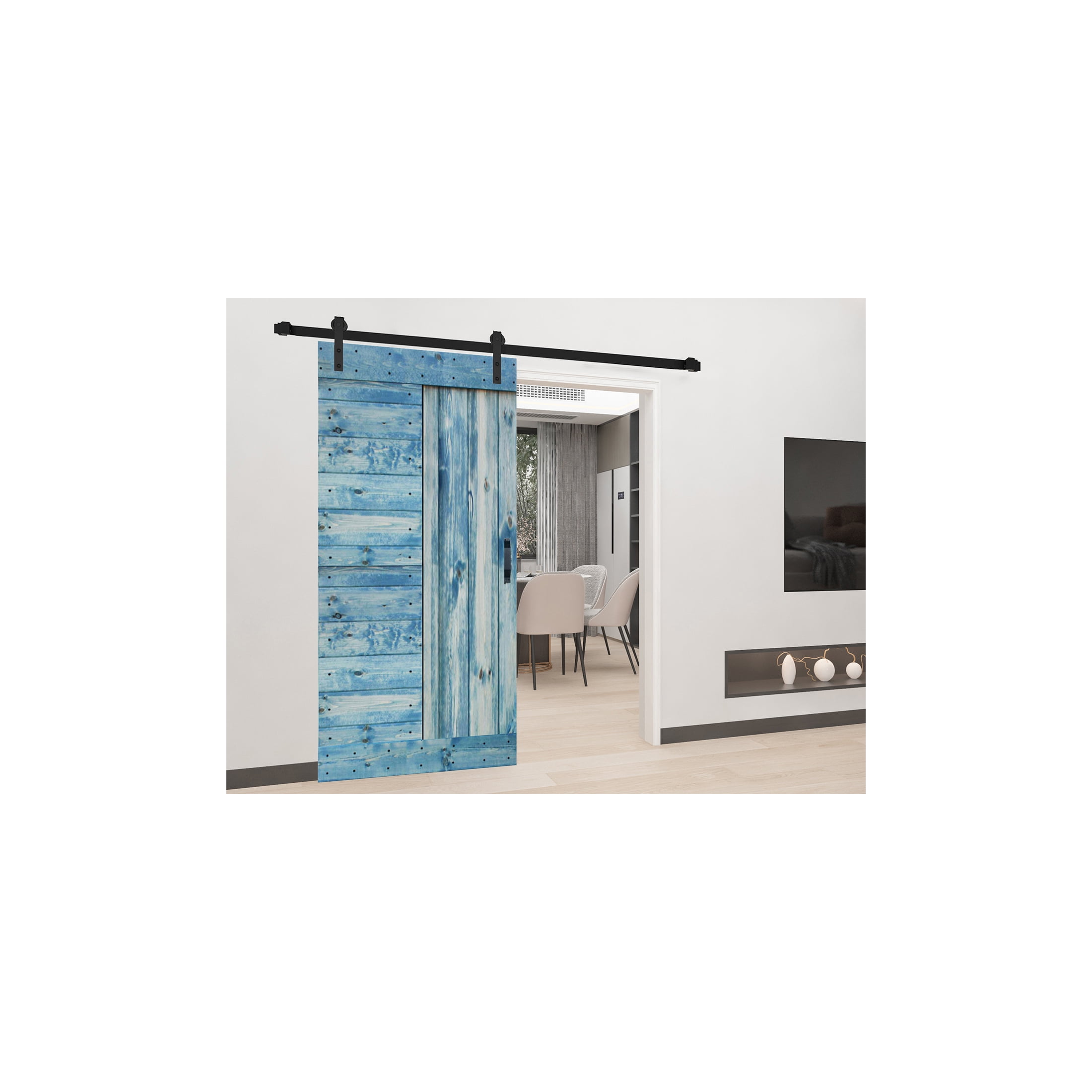 Worn Navy Solid Wood Sliding Barn Door Kit with Black Hardware