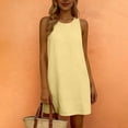 thumbnail image 6 of Mini Dress for Women Solid Linen Crew Neck Summer Vacation Going Out Cute Short Dress Yellow XS, 6 of 6
