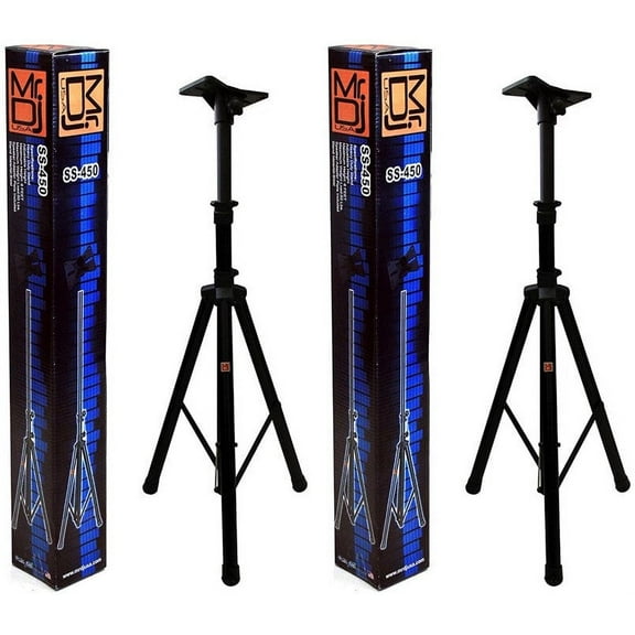 2 MR DJ SS450B Universal Black Heavy Duty Folding Tripod PRO PA DJ Home On Stage Speaker Stand Mount Holder with Mounting Plate