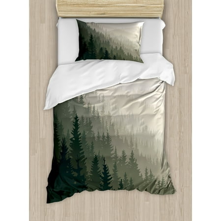 Tan Bedding Set Forest Twin Size Duvet Cover Set, Northern Parts of the World with Coniferous Trees Scandinavian Woodland, Decorative 2 Piece Bedding Set with 1 Pillow Sham, Cream Tan Dark Green, by Ambesonne ()