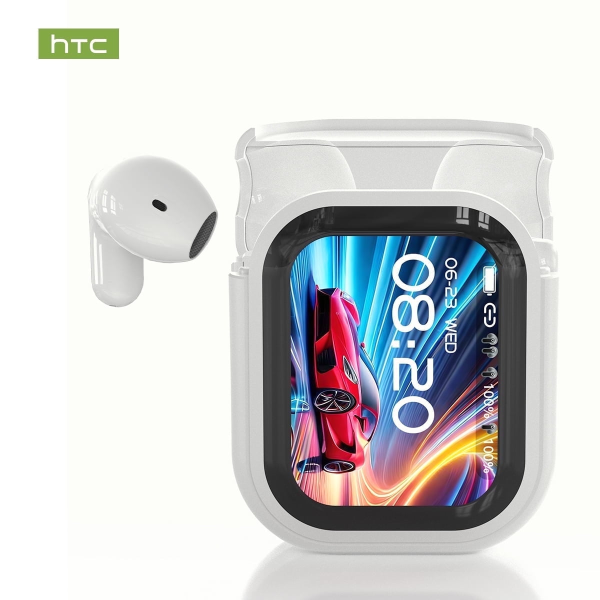Open In-Ear AI Translation Wireless Earbuds - HTC NE20 Bluetooth 6.0, 130+ Language Translator, IPX5 Sweatproof for Running/Business, With LED Touch Screen, Beige white