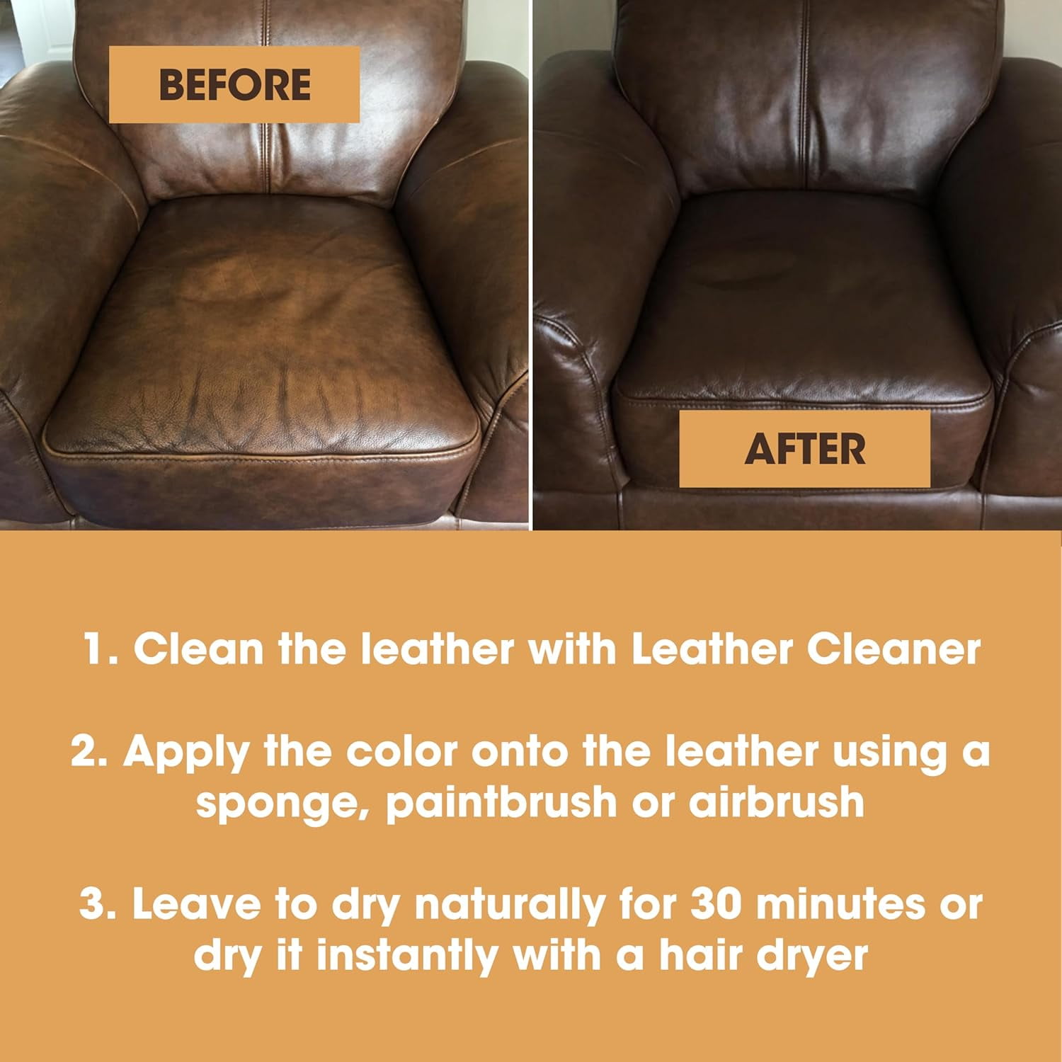 Furniture Clinic Leather Repair Paint | 2-in-1 Seal and Color | Use on Scratches, Tears, and Holes in Car Seats, Furniture | Quick and Easy Leather Repair Kit for Furniture (Black, 250ml / 8.5oz)