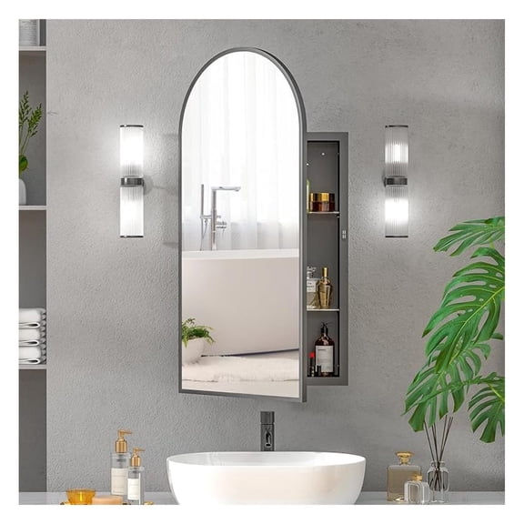 16x31 Black Arched Medicine Cabinet,Recessed Medicine Cabinet with Mirror, Arched Mirror Cabinet with Storage Wall Mounted for Bathroom,Full Assembled