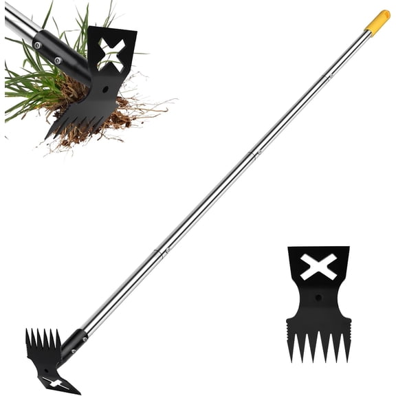 60" Weed Puller Tool with Long Handle and 17" Weeding Tools Gardening Set, Dual Side Hand Weed Rake and Hoe Garden Weeder, Weed Pulling Remover Tool for Yard, Patio, Lawn and Garden Planting (Black)