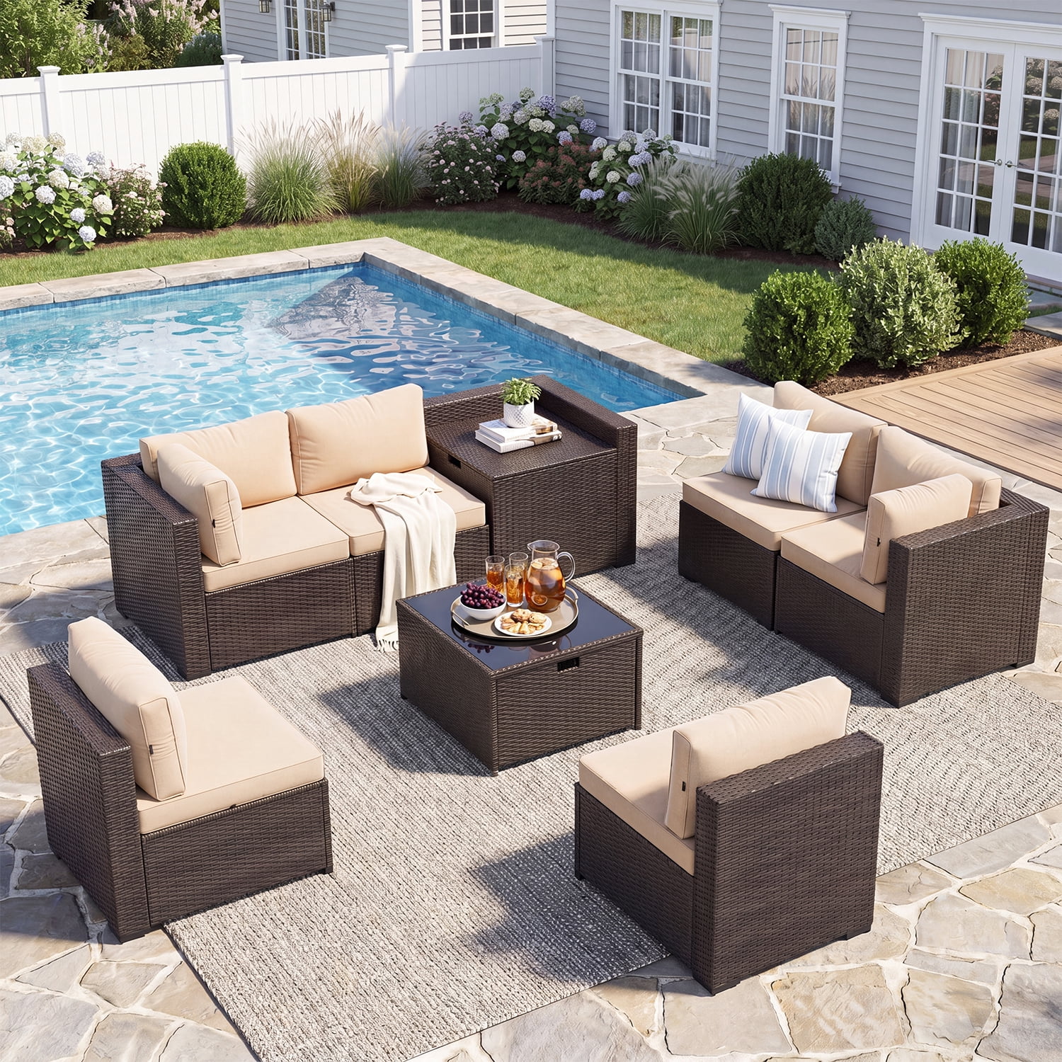 BaPiPro 8-Piece Brown Rattan Patio Sectional Sofa Set with Khaki Cushions, Dual Storage Design, Modular Outdoor Conversation Furniture for Backyard, Garden, Poolside