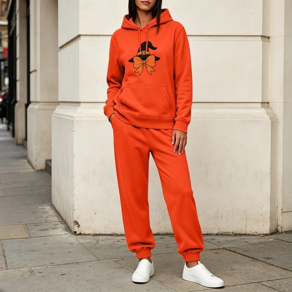 Maqroz Womens Two Piece Sweatsuits Graphic Pullover Hoodie Sweatshirts Elastic Waist Jogger Pants Matching Tracksuit Casual Fall Winter Outfits for Halloween Parties