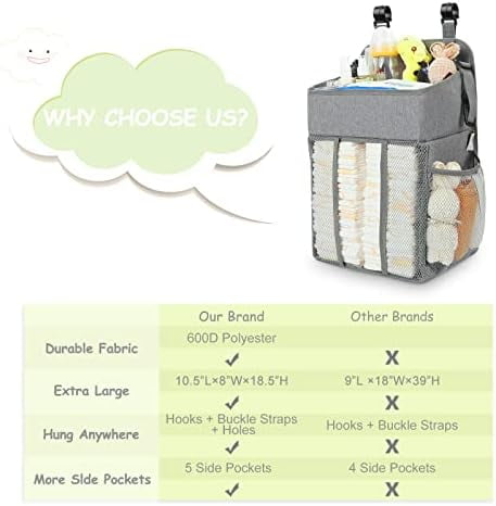 Changing Table Diaper Organizer -  Hanging Diaper Stacker Nursery Caddy Organizer for Cribs Playard Essentials Storage - Hold 52+ Diapers - 18.5" x 10.5" x 8" (Gray)