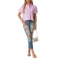 thumbnail image 5 of QASIEATN Ladies' Puff Sleeve Button Up Tops Summer Striped Stand Up Collar Fashionable Casual Loose Short Sleeved T Shirt, 5 of 7