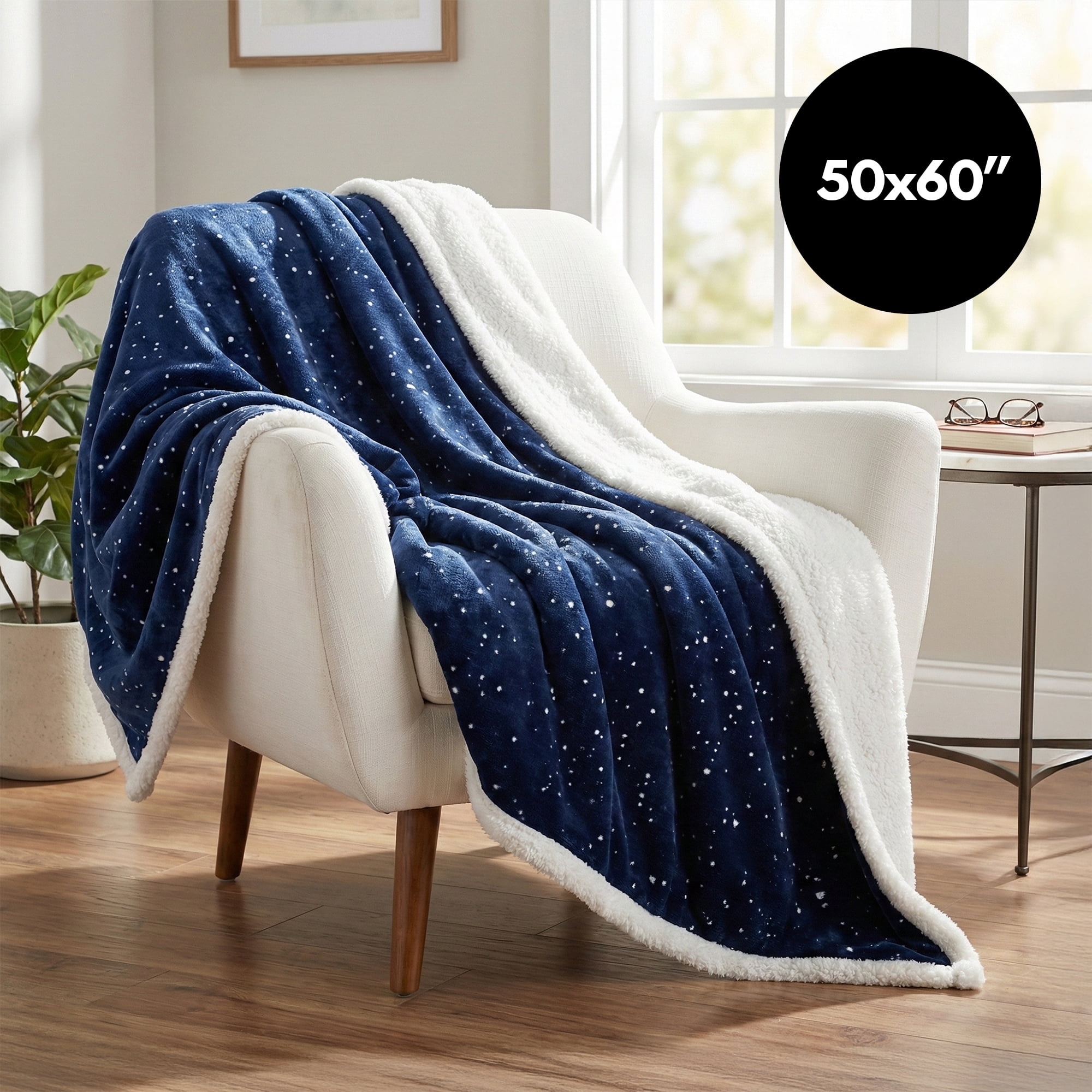 Americanflat 50x60 Printed Fleece and Reverse Sherpa Throw Blanket - Speckle Pattern - Reversible Design - Cozy Comfort for Couch or Bed - Dark Blue