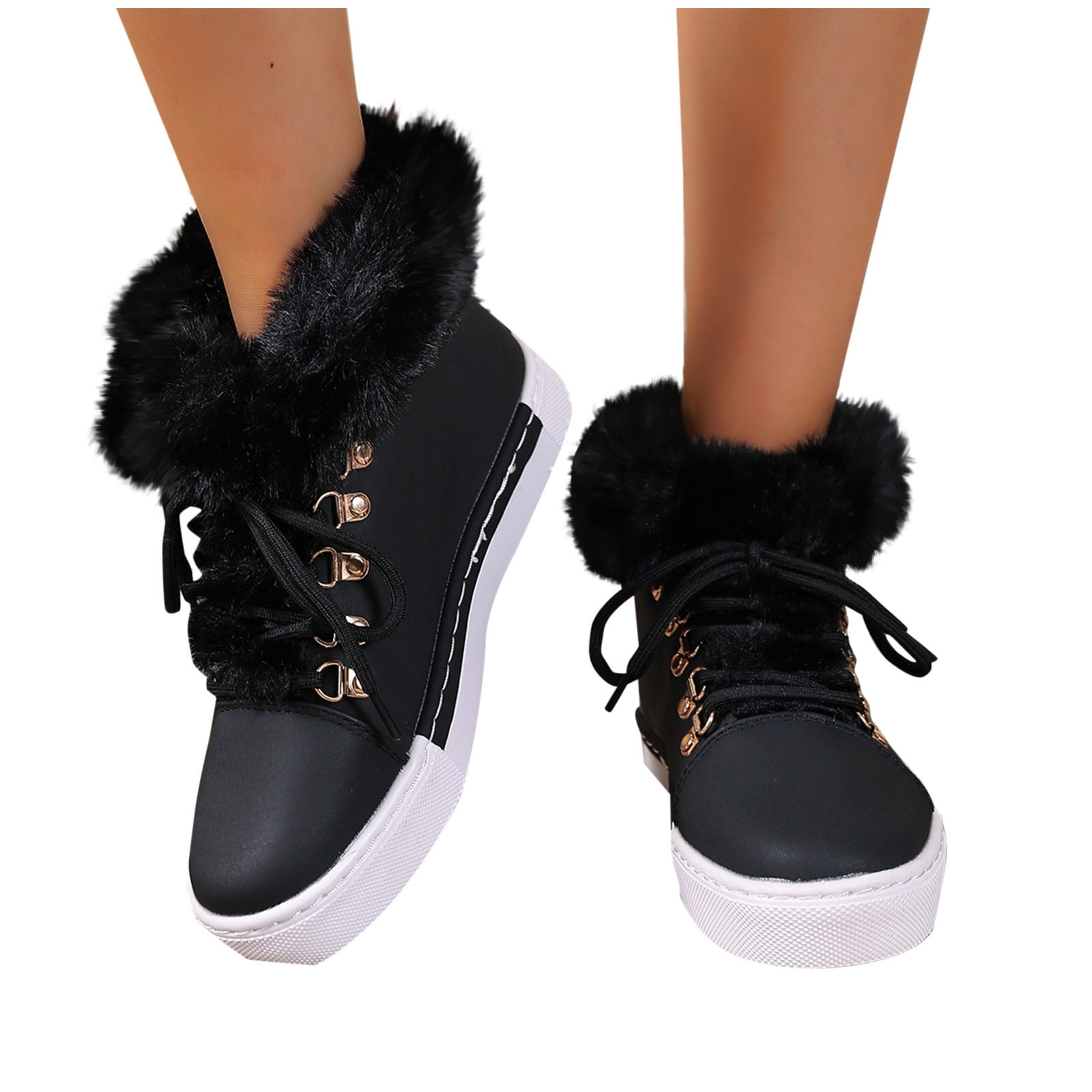Dasayo Ankle Booties for Women Black Hiking Furry Lace up Faux Leather Flat Heel Winter Shoes Womans Shoes 40