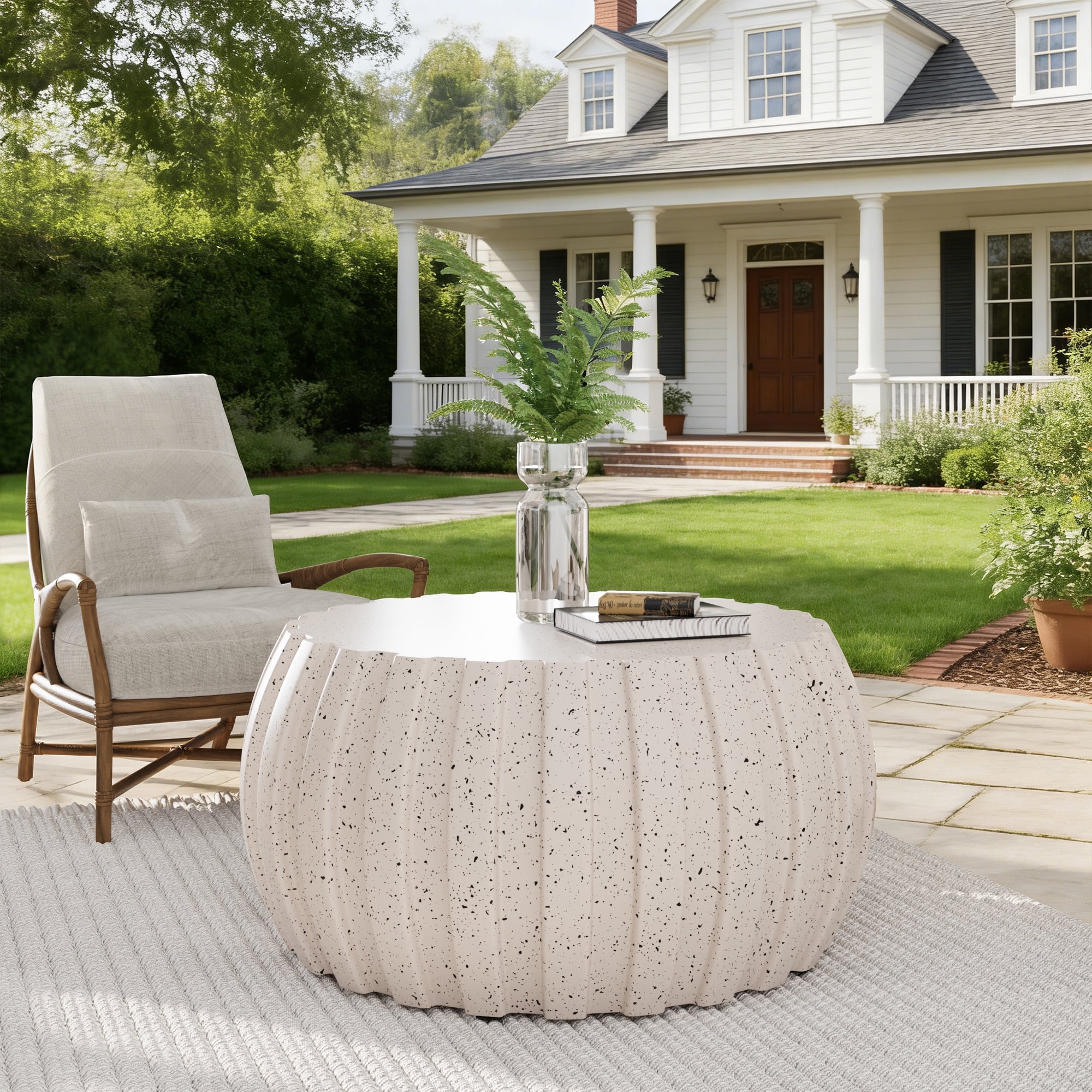 FFH 35.43" Coffee Table for Living Room, Modern Patio Coffee Table, Waterproof, Durable MgO Cement Design, White