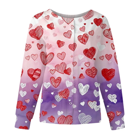 Valentine Day Scrub Tops for Woman Button Down Short Sleeve Medical Scrubs V Neck Love Heart Print Plus Size Quick Dry Scrub Tops with Pockets Light Purple 5XL