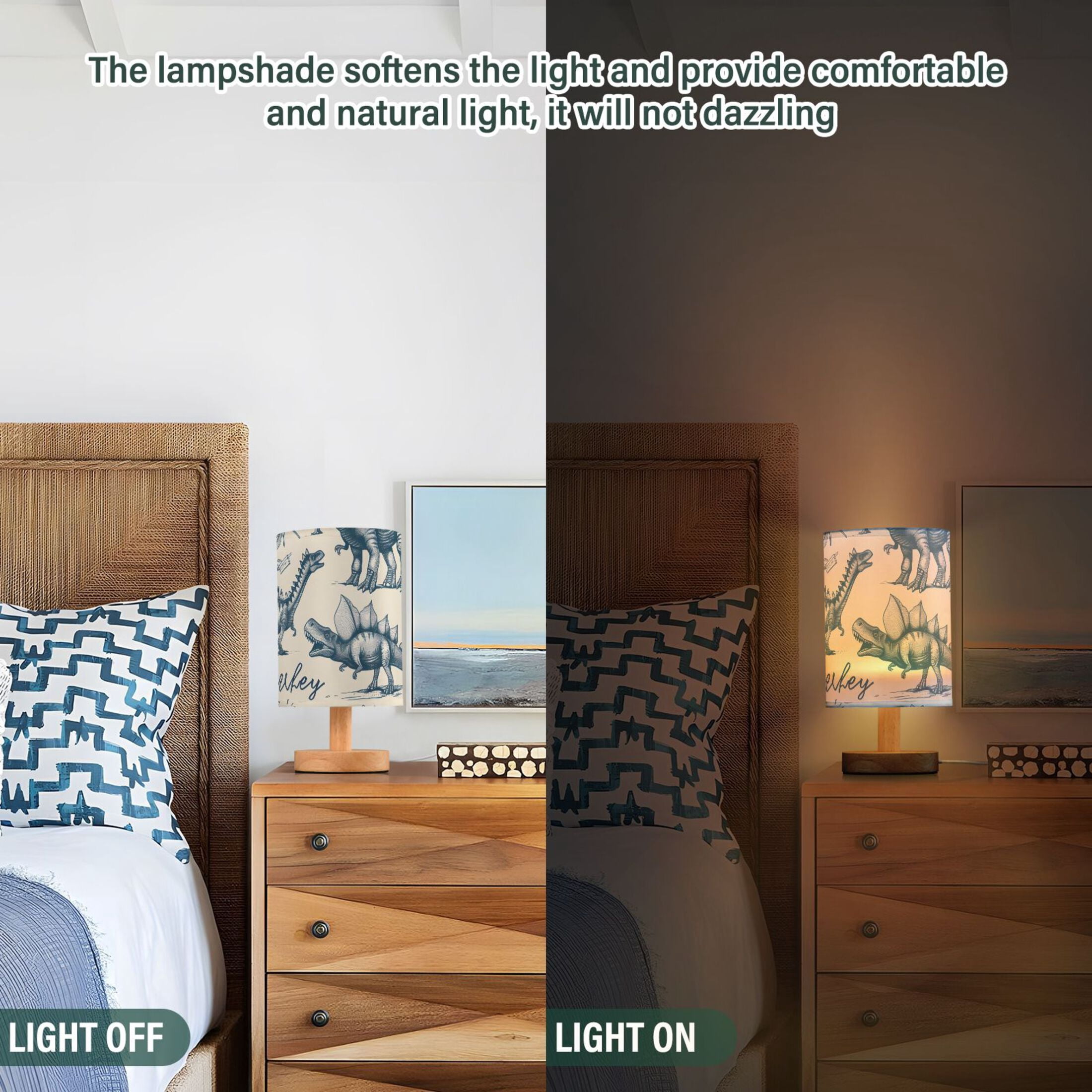 Hand-drawn Dinosaurs Table Lamp USB Bedside Desk Nightstand Lamp Printed Gifts Small Lamp Wood Base for Bedroom Living Room Kids Room College Dorm