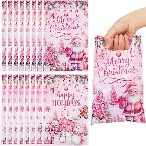 30Pcs Pink Christmas Plastic Gift Bags, Merry Christmas Happy Holidays Goodie Treat Candy Bags, Xmas Winter Holiday New Year Snowflake Party Favor Bags Supplies