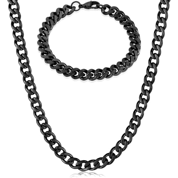 Men's Bracelet and Necklace Black Plated Steel Curb Chain Set