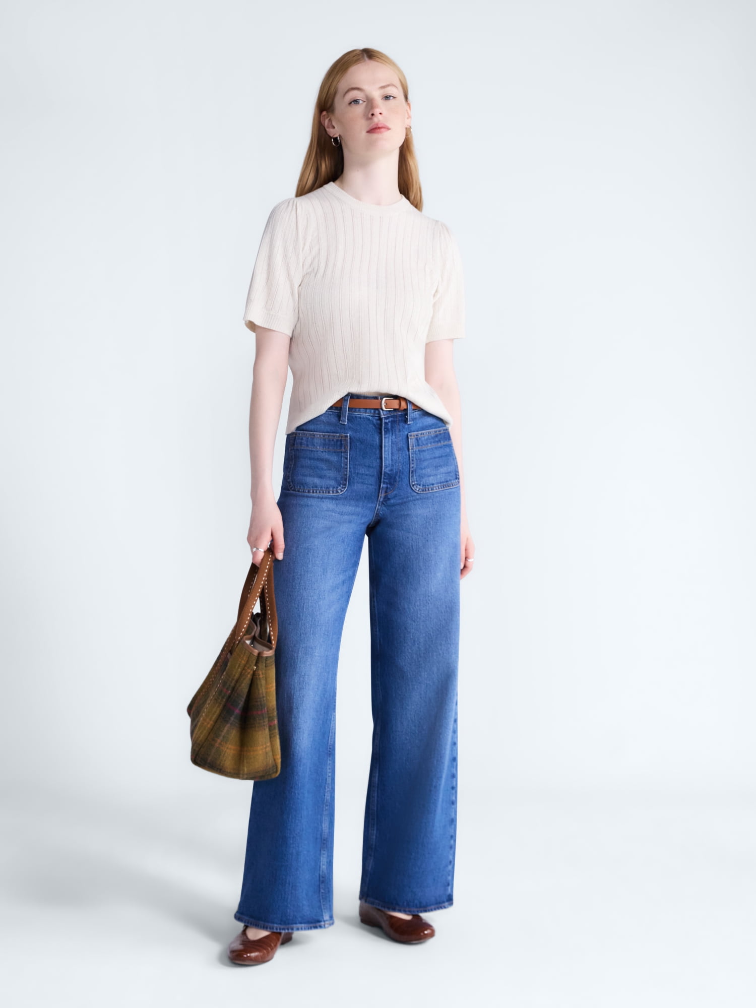 Free Assembly Women’s and Women's Plus Pointelle Sweater with Puff Sleeves, Sizes XS-4X