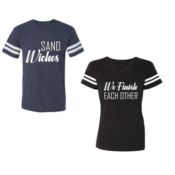 Sand Wishes We finish Each Other Unisex Couple Matching Cotton Jersey style T-Shirt Contrasting stripes on sleeves (Men Navy / Women Black) (Men S / Women S)