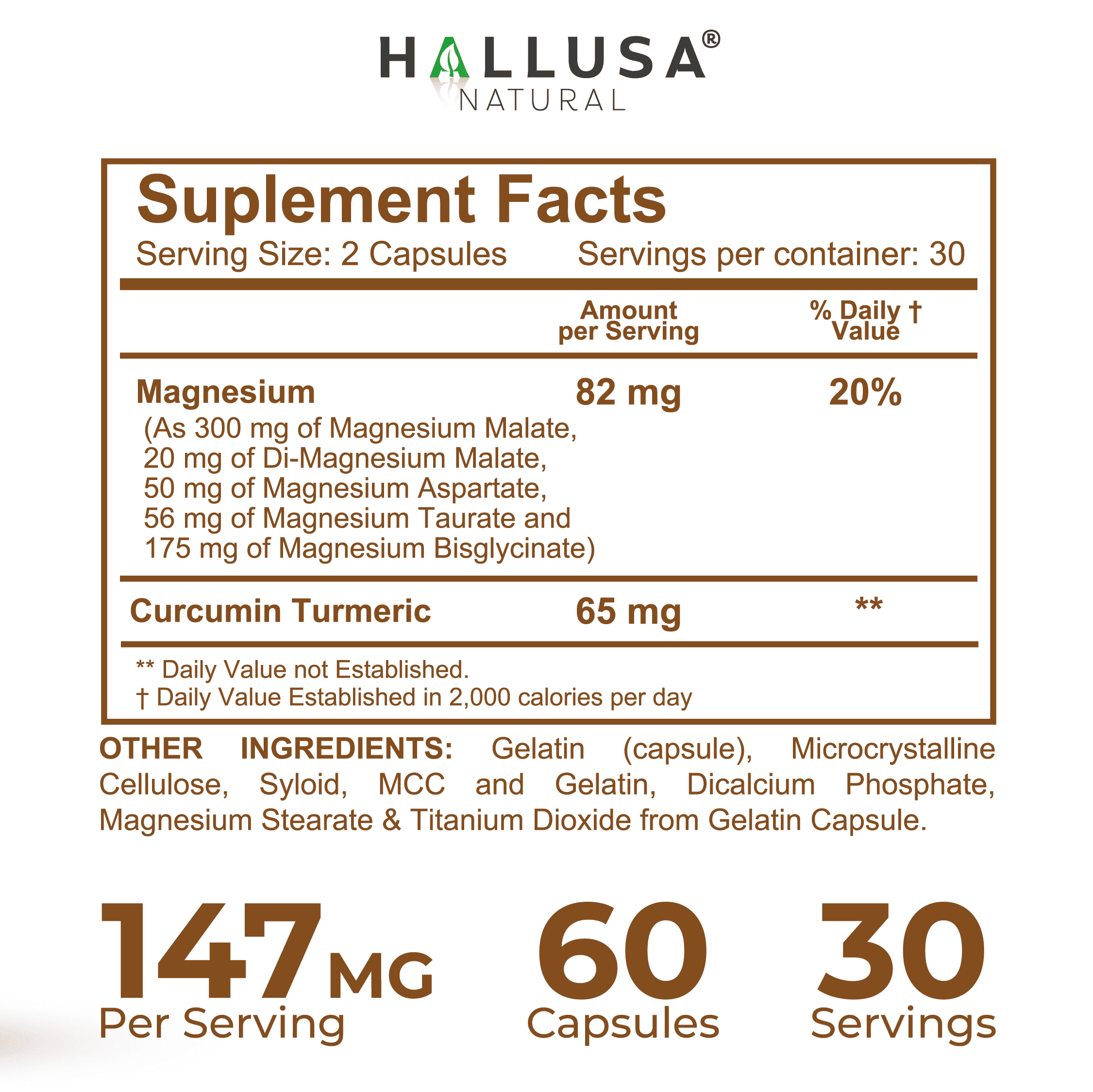 Hallusa Natural 4 Magnesium Complex + Curcumin Turmeric, Malate, Aspartate, Taurate, Bisglycinate - Energy, Muscle Function, Heart Health & Digestion - 60 capsules