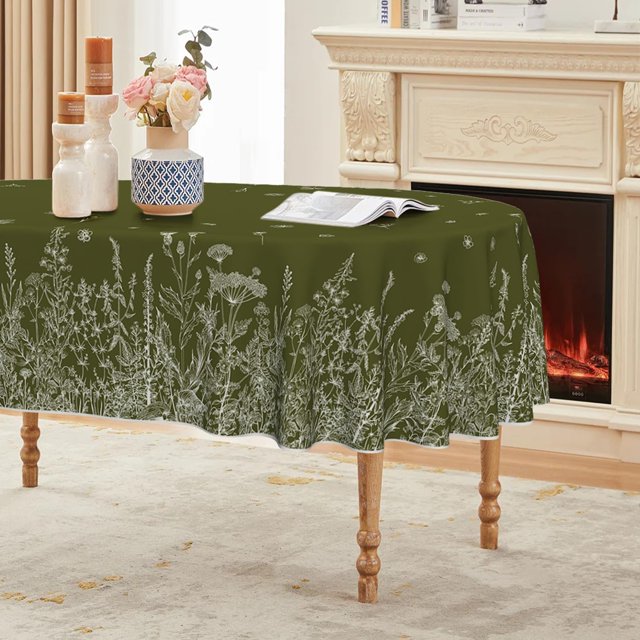Spring Summer Tablecloth 60×84 Inch Oval, Wild Flowers Floral Moss Green Washable Seasonal Table Cover for Party Picnic Dinner Decor