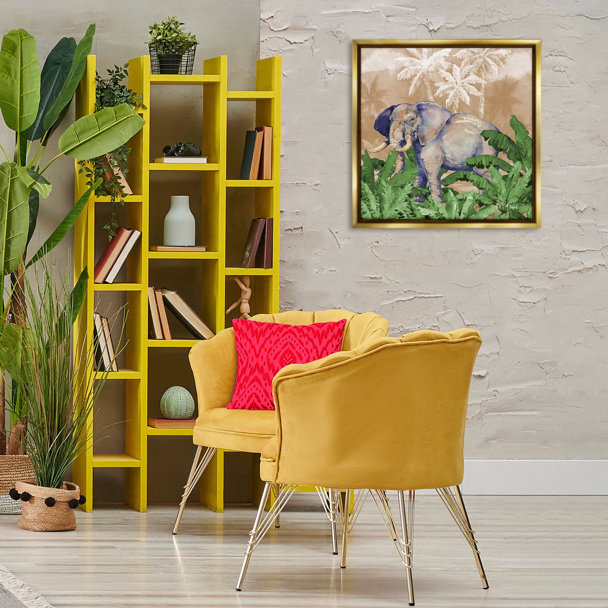 Stupell Industries Jungle Life Elephant Animals & Insects Painting Gold Floater Framed Canvas Art Print Wall Art, 25 x 25