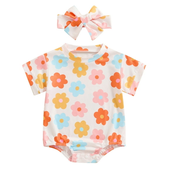 Mevireiy Baby Girl Bubble Romper Short Sleeve Floral Print Cute Summer One Piece Bodysuit