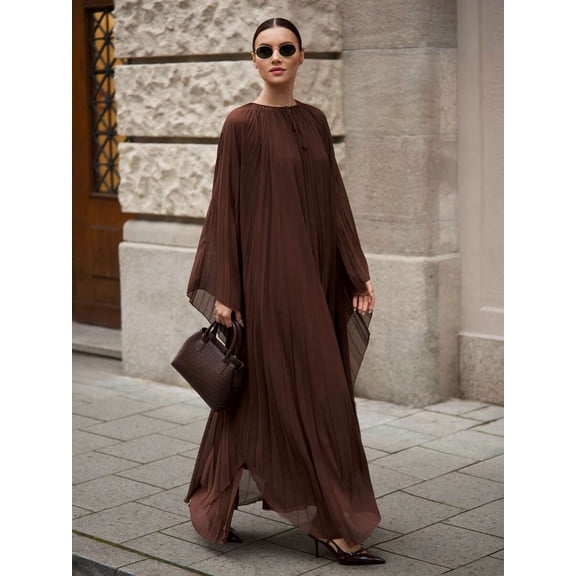 Coffee Brown Pleated Chiffon Maxi Dress With Batwing Sleeves Round Neck Flowy Elegant Vacation Party Dress