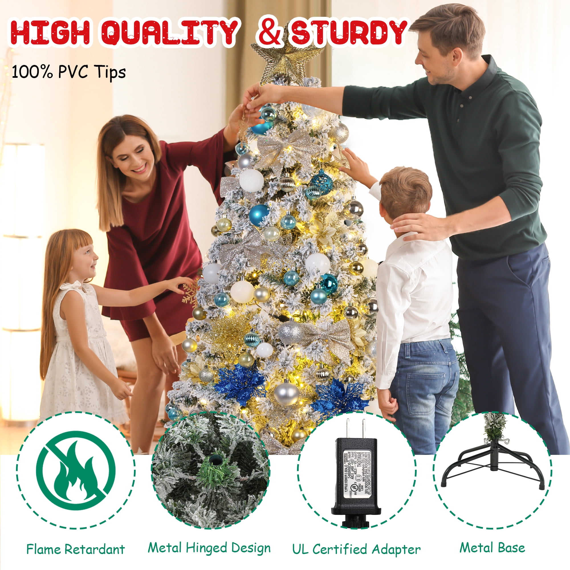 7.5FT Prelit Blue Christmas Tree, Full Xmas Pine Tree with 1300 Branch Tips 400 Cold Warm Light for Holiday Indoor Outdoor Decoration