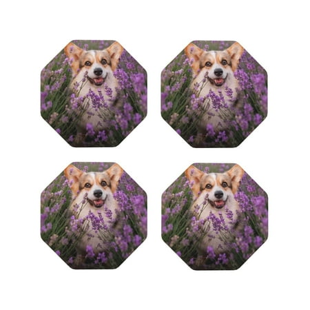 

Tideii Dog in Lavender Flowers for Leather Coasters 4 Pieces Anti-fouling and Anti-scalding Decorative Coasters Suitable for Restaurants Kitchens Coffee Shops-Octagon
