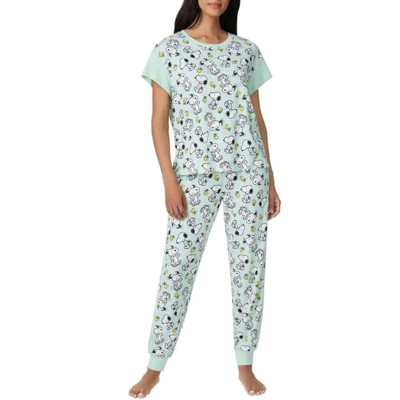 Peanuts Women's 2 Piece Ribbed Lounge Pajama Set, Tee and Jogger Pant (Large,  Snoopy (Green))